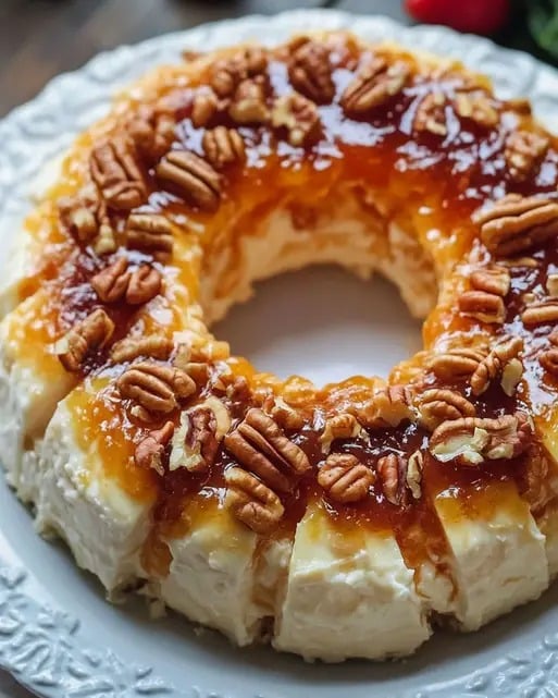 Anillo de Cheesecake de Durazno y Pecan Sin Hornear - Postre Fácil