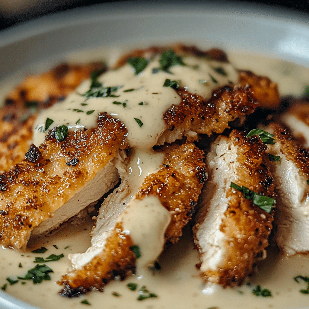 Pollo Crustado con Parmesano y Salsa Cremosa de Ajo