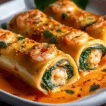 Rollitos de pasta rellenos de camarones y espinacas con crema
