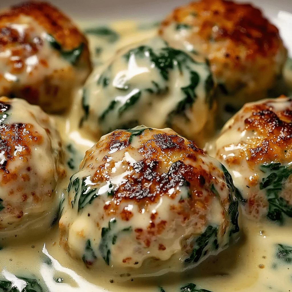 Albóndigas de Pollo con Salsa Alfredo de Espinaca