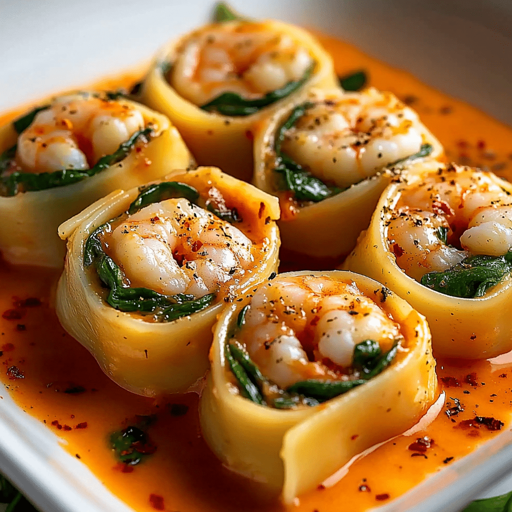Rollitos de pasta rellenos de camarones y espinacas con crema 55 Rollitos de pasta rellenos de camarones y espinacas con crema