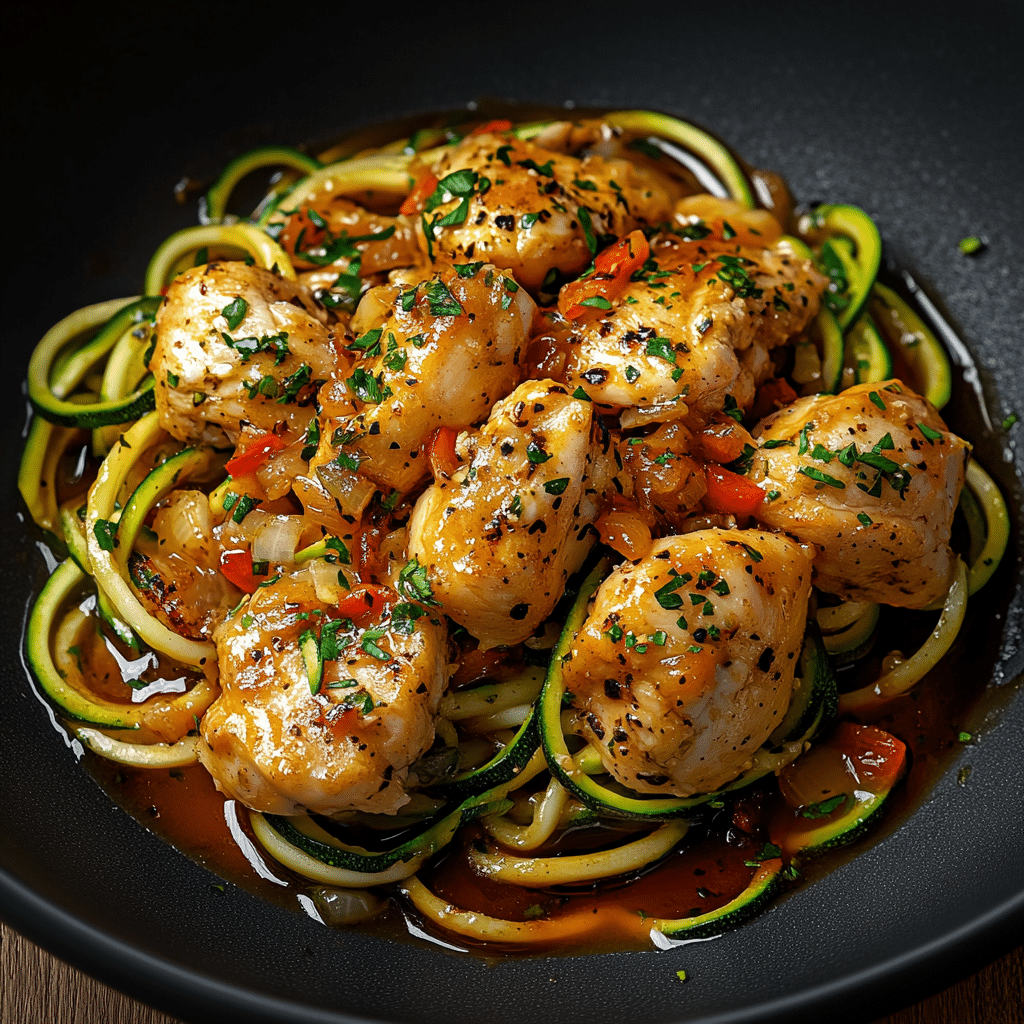 Pollo al Ajo con Fideos de Calabacín en 25 Minutos