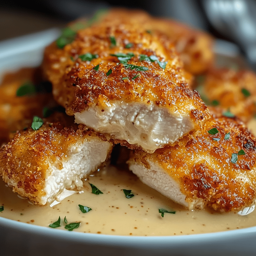 Pollo Empanizado con Costra de Parmesano y Salsa 79 Pollo Empanizado con Costra de Parmesano y Salsa Cremosa de Ajo