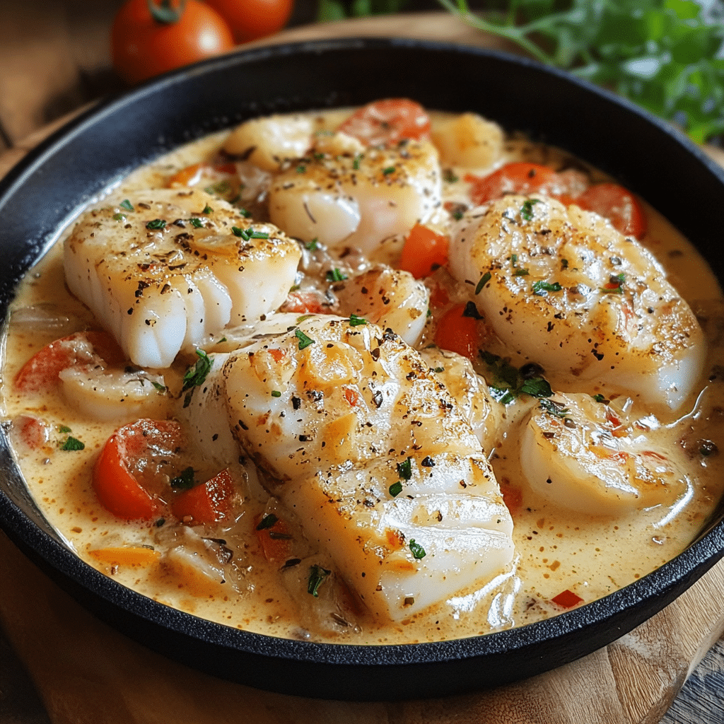 Bacalao en Salsa Cremosa de Gambas y Piquillos