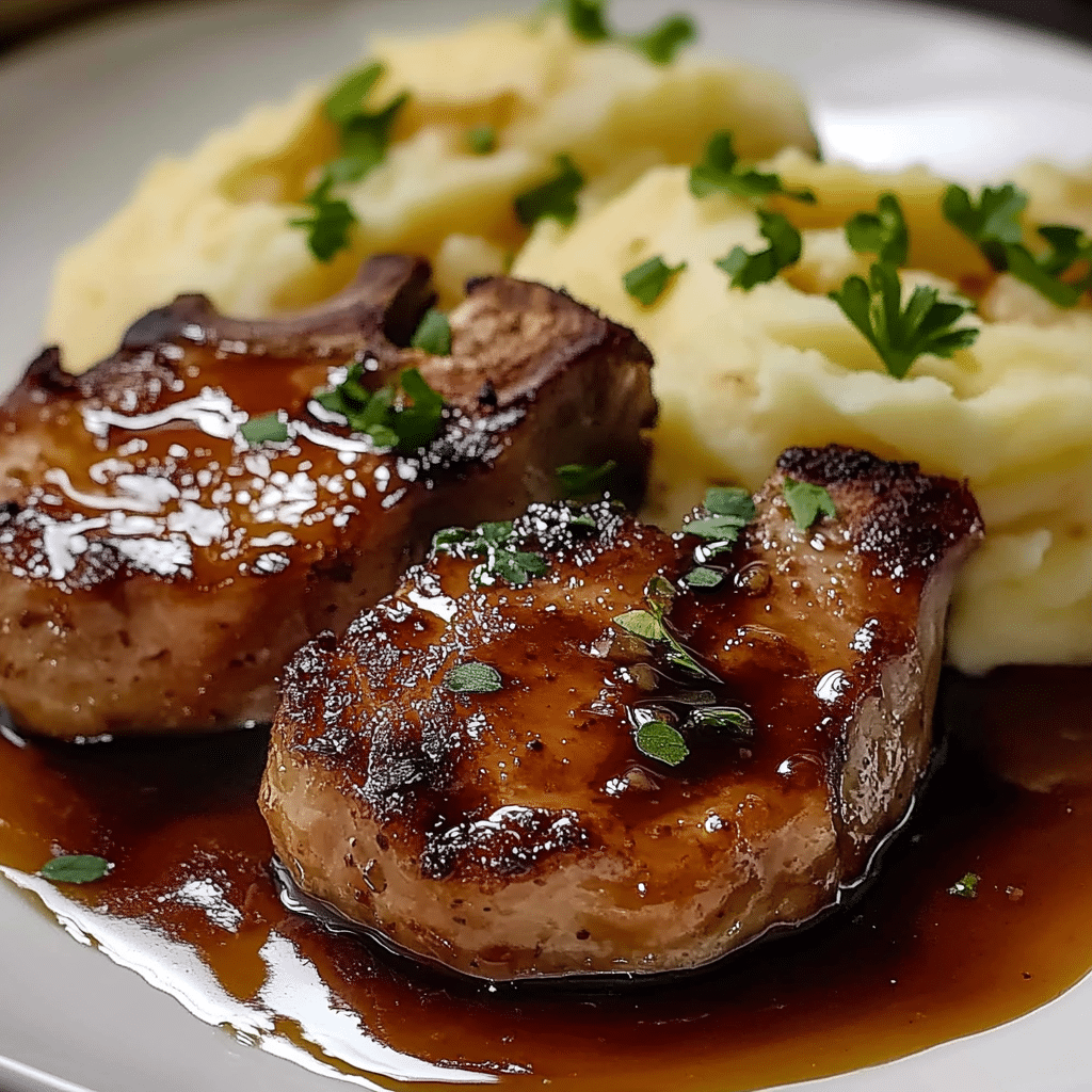 Chuletas de Cerdo con Miel y Ajo con Puré de Patatas