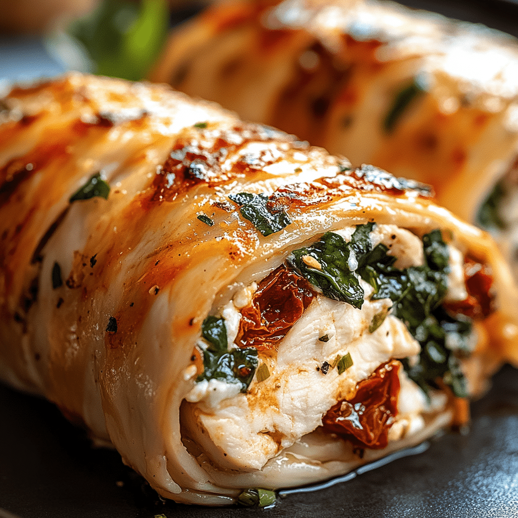 Pollo enrollado con feta, espinacas y tomates secos