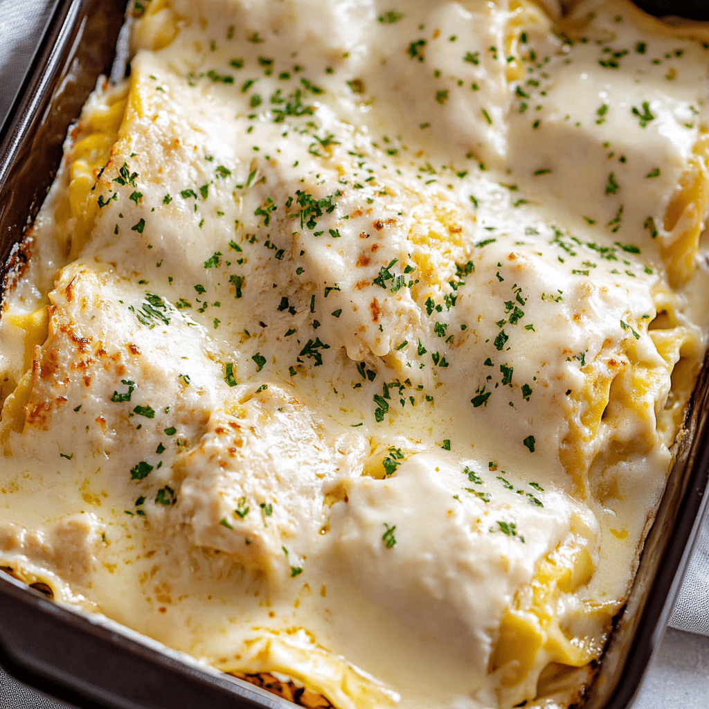 Lasaña Rolos de Pollo Alfredo