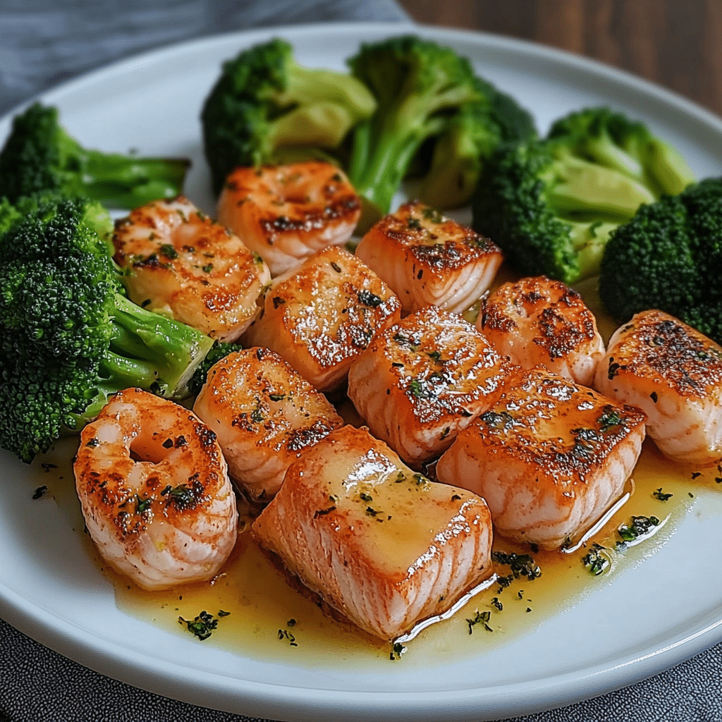 Salmón y camarones con mantequilla de ajo con brócoli asado