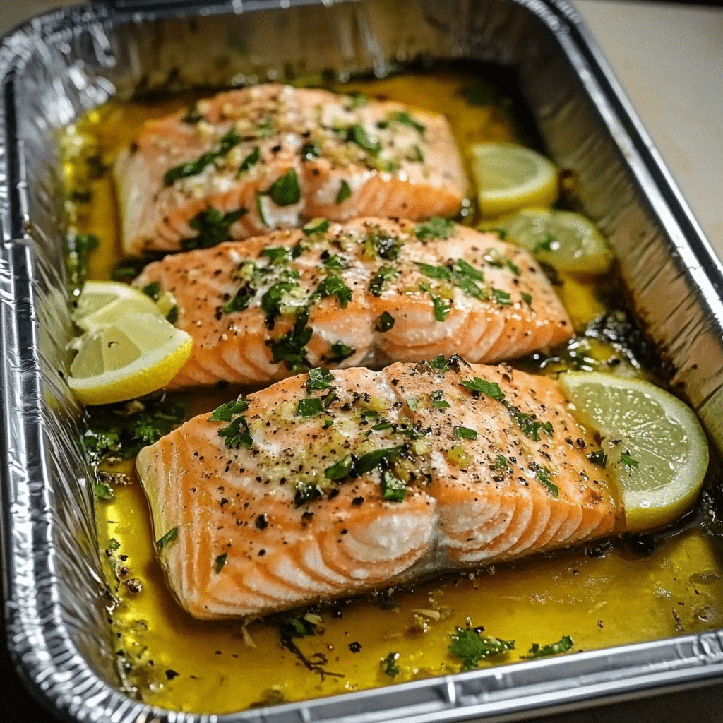 Salmón al Horno con Espárragos y Salsa de Limón y Mantequilla de Ajo
