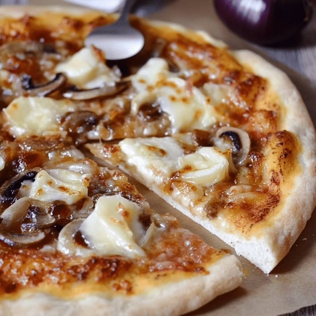 Pizza con queso de cabra y cebolla caramelizada