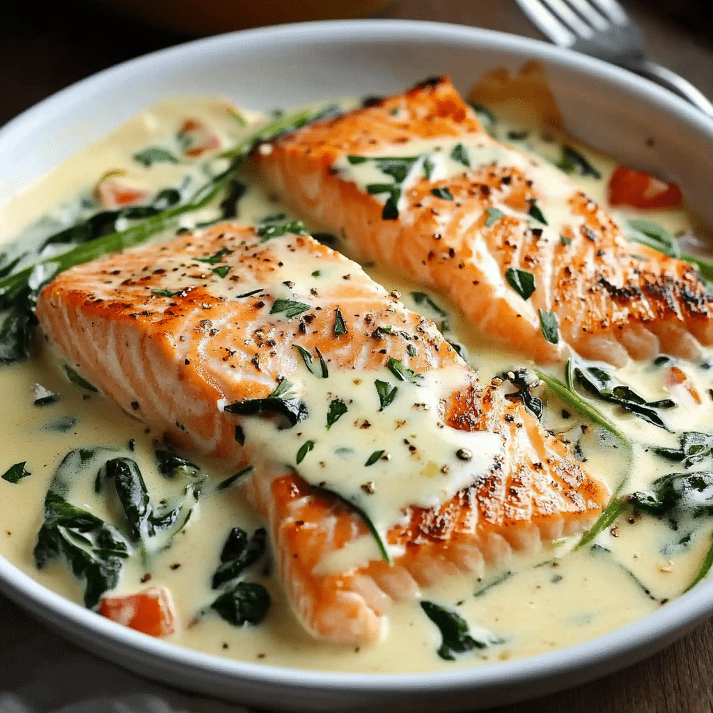 Salmón Cremoso con Parmesano y Espinacas