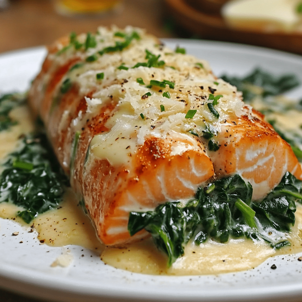 Salmón ennegrecido relleno de espinacas y parmesano
