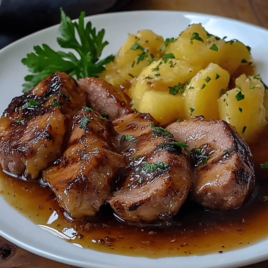 Chuletas de Cerdo con Miel y Ajo con Puré de Patatas