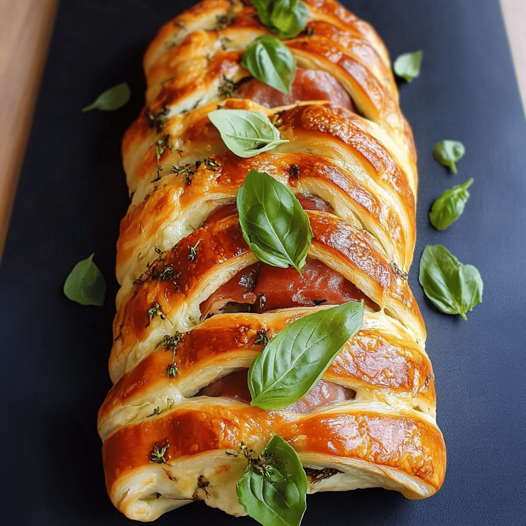 Trenza de hojaldre caprese con jamón 47 Trenza de hojaldre caprese con jamón