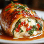 Pollo Relleno de Pimiento Rojo Asado, Espinacas y Mozzarella