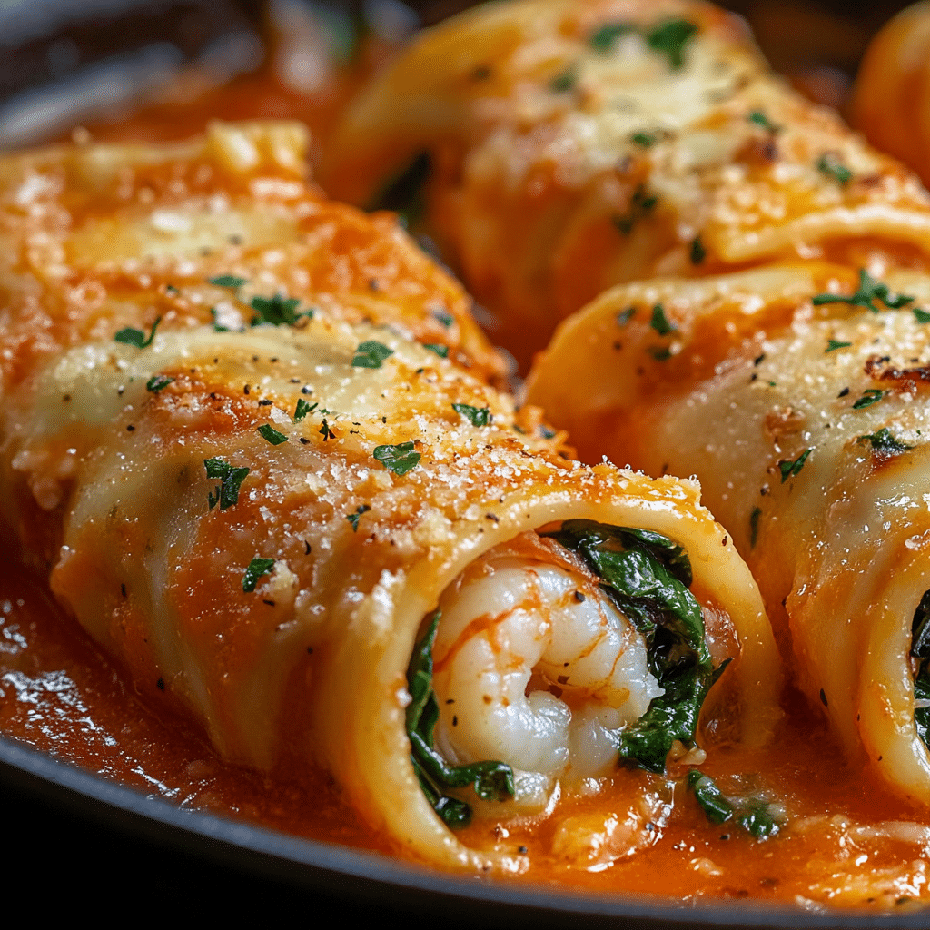 Rollos de Pasta Rellenos de Camarones y Espinacas con Crema 87 Rollos de Pasta Rellenos de Camarones y Espinacas con Crema de Pimiento Rojo Asado