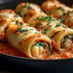 Rollos de Pasta Rellenos de Camarones y Espinacas con Crema 48 Rollos de Pasta Rellenos de Camarones y Espinacas con Crema de Pimiento Rojo Asado