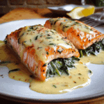 Salmón Relleno de Espinacas y Cangrejo con Salsa de Limón y Nata (Fácil)