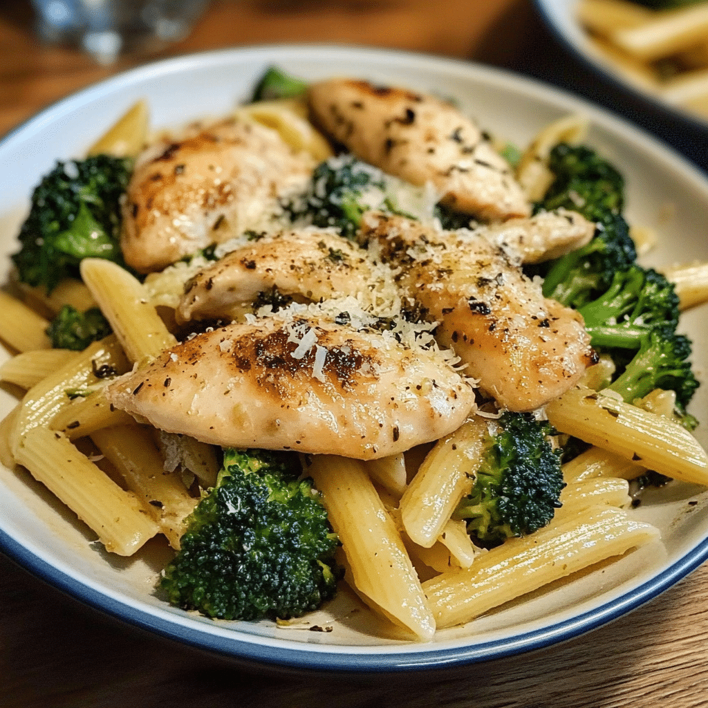 Pollo al ajo parmesano con penne de brócoli asado 47 Pollo al ajo parmesano con penne de brócoli asado