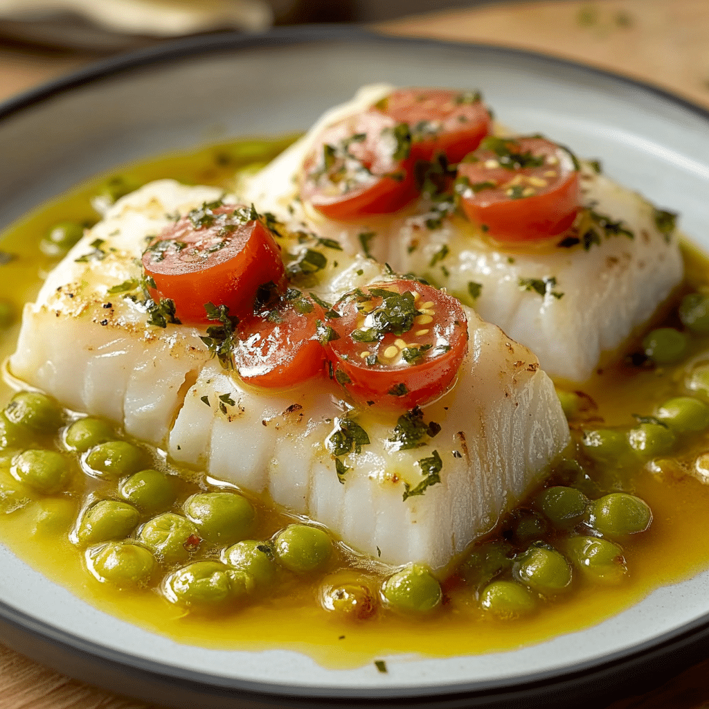 Bacalao al pilpil de cítricos con guisantes