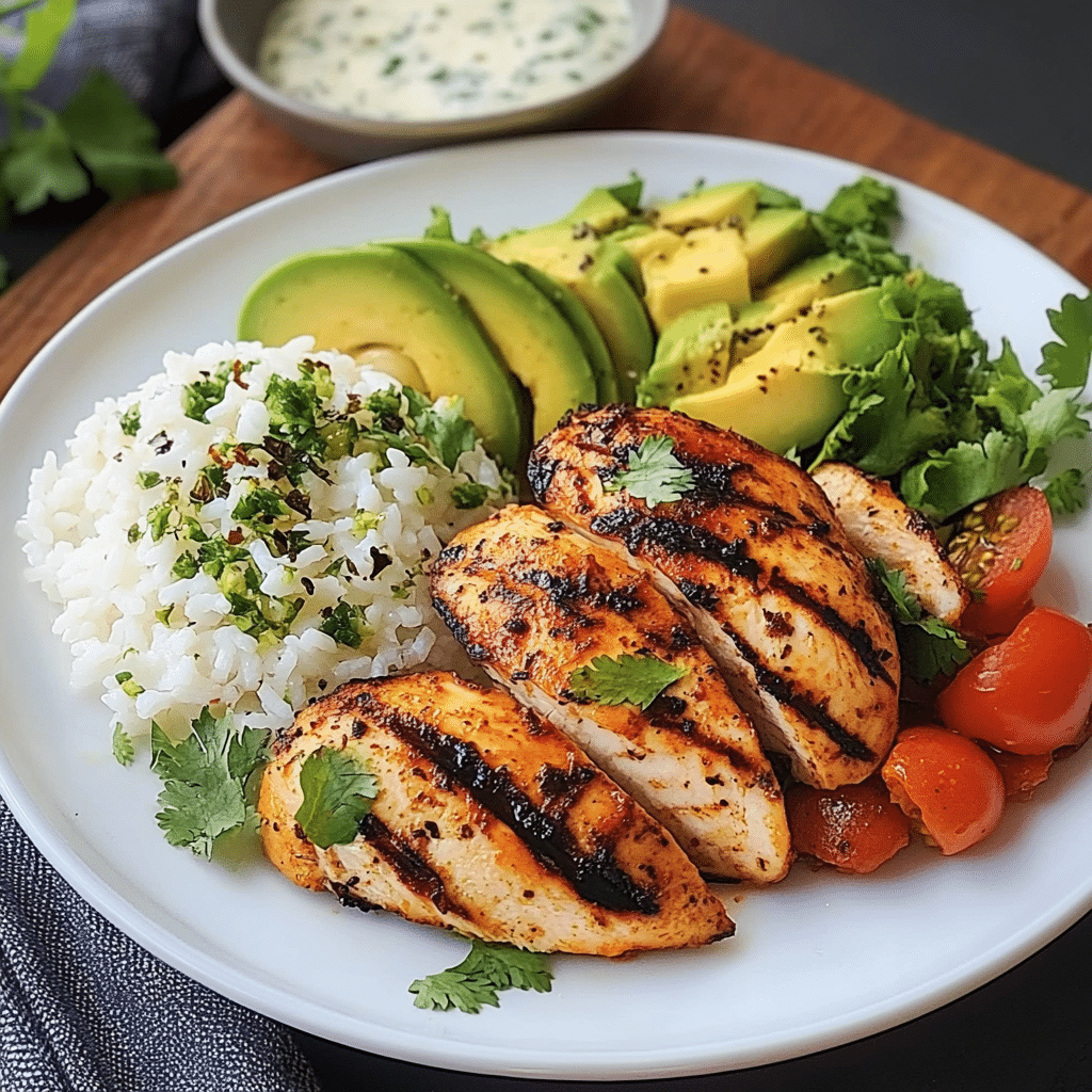 Pollo a la parrilla picante con ensalada de aguacate y arroz con ajo 79 Pollo a la parrilla picante con ensalada de aguacate y arroz con ajo