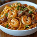 Fideos Salteados con Ajo, Mantequilla, Carne y Camarones