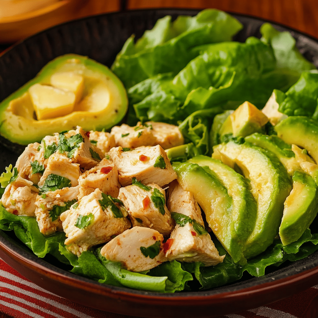 Ensalada de Pollo con Aguacate y Rollitos de Lechuga