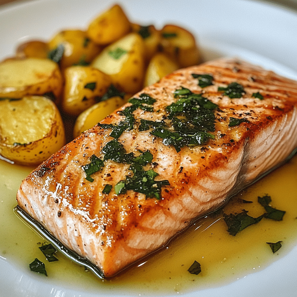 Filete de salmón a la sartén, patatas asadas y espárragos verdes