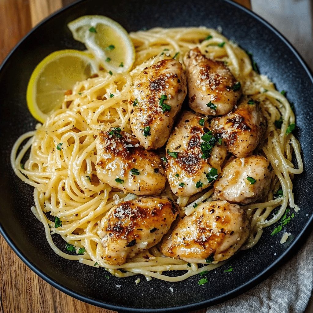 Pollo con mantequilla de ajo y pasta de limón parmesano