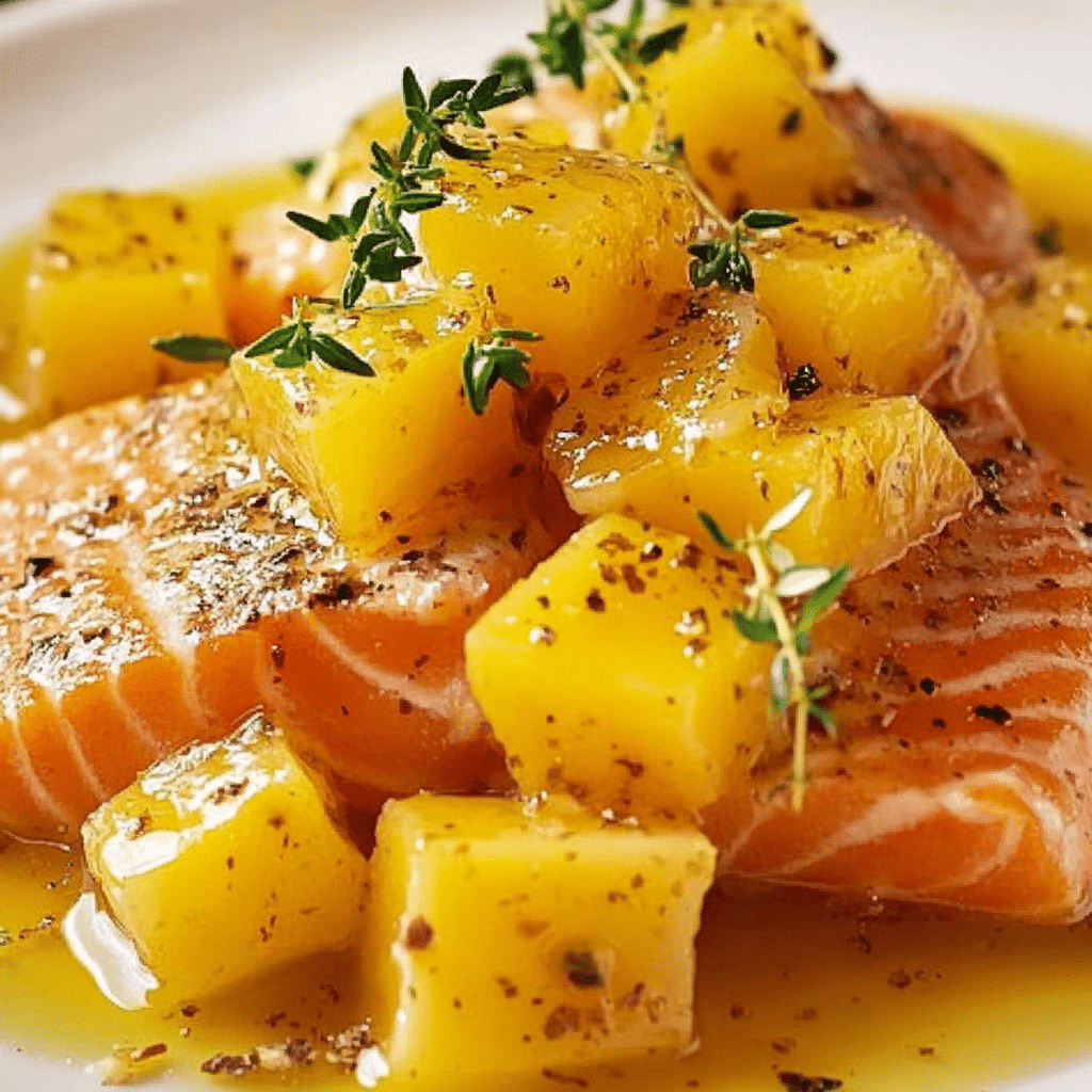 Salmón a la miel y mostaza con piña
