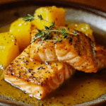 Salmón a la miel y mostaza con piña