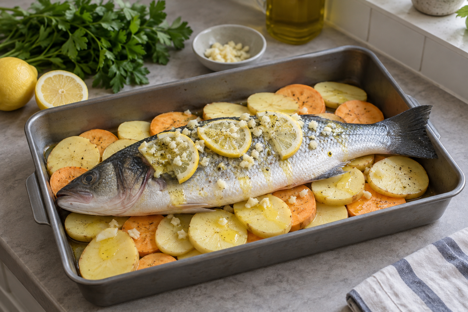 Lubina cruda limpia sobre patatas y boniato con ajo y limón, antes de entrar al horno.