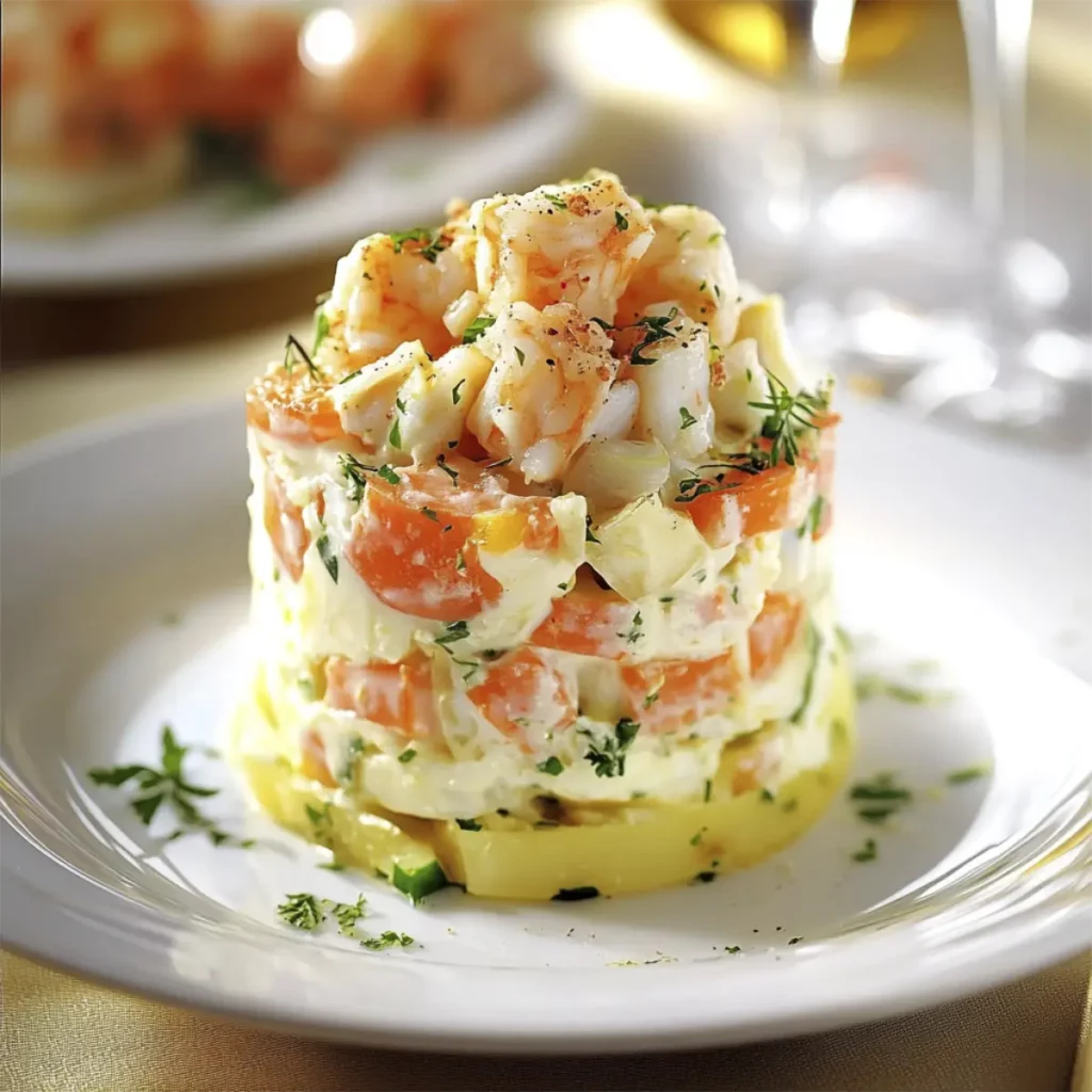 Timbal de Ensaladilla Rusa con Gambas: Delicia Fácil y Elegante