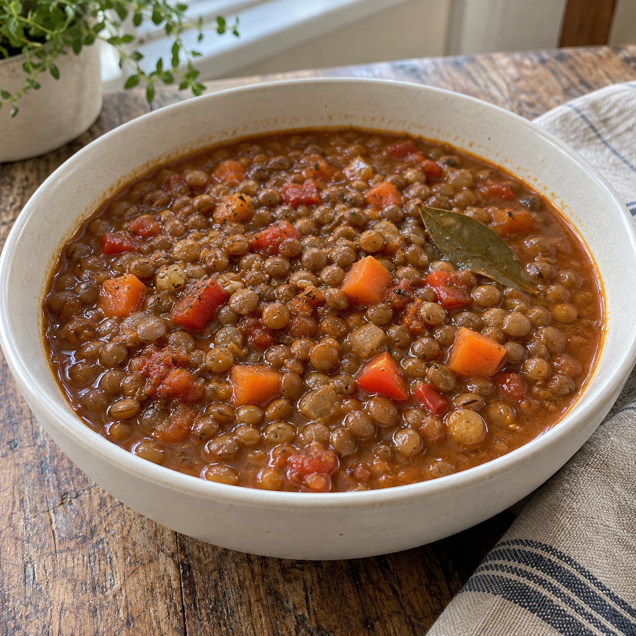 Lentejas guisadas con verduras según los ingredientes de la ficha.