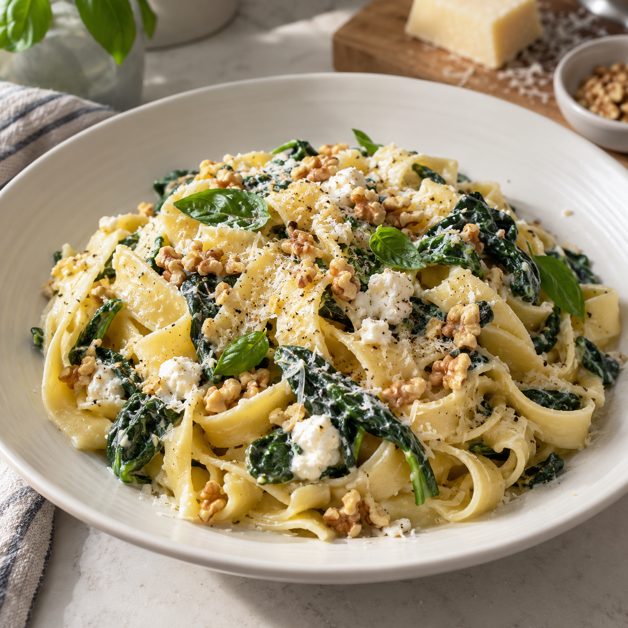 Tagliatelle con espinacas y queso de cabra