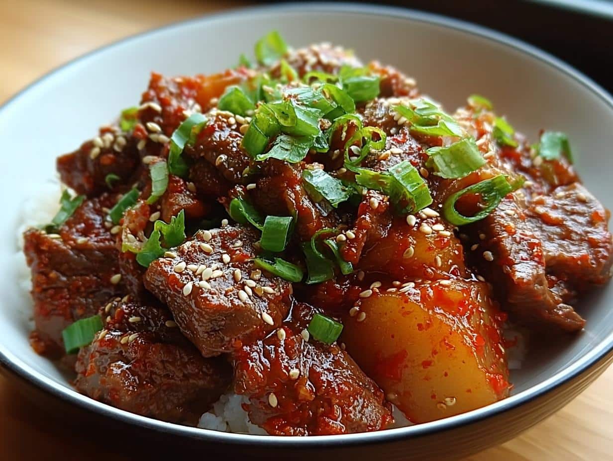 Carne Res Picante Coreana: Exquisita y Rápida - Carne Res Picante Coreana - close-up of marinated beef slices