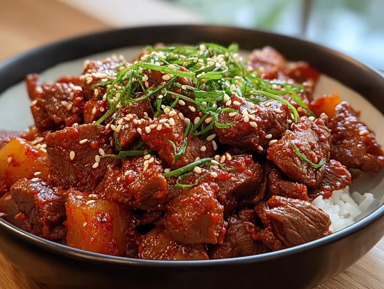 Carne Res Picante Coreana: Exquisita y Rápida - Carne Res Picante Coreana - serving suggestion with rice and garnish