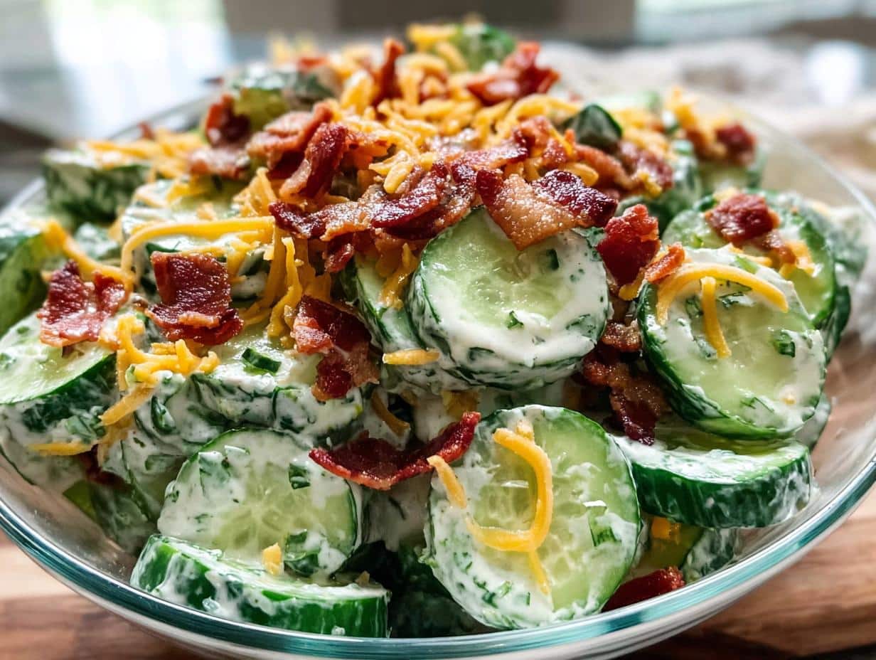 Ensalada Cremosa Pepino Tocino: ¡Delicia en 20 Min! - Creamy Cucumber Salad Bacon - serving suggestion
