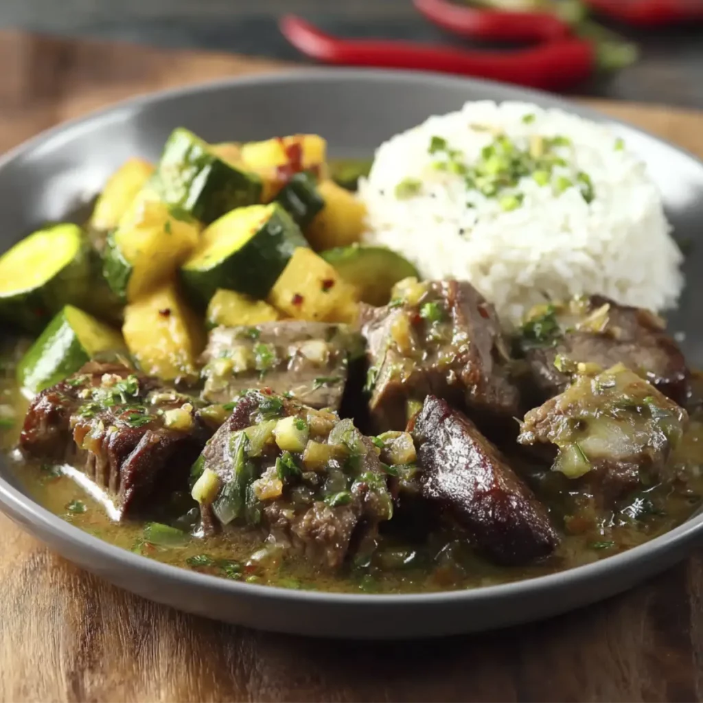 Carne de Res: Delicia en Salsa Poblana y Calabacitas 116 Carne de Res: Delicia en Salsa Poblana y Calabacitas