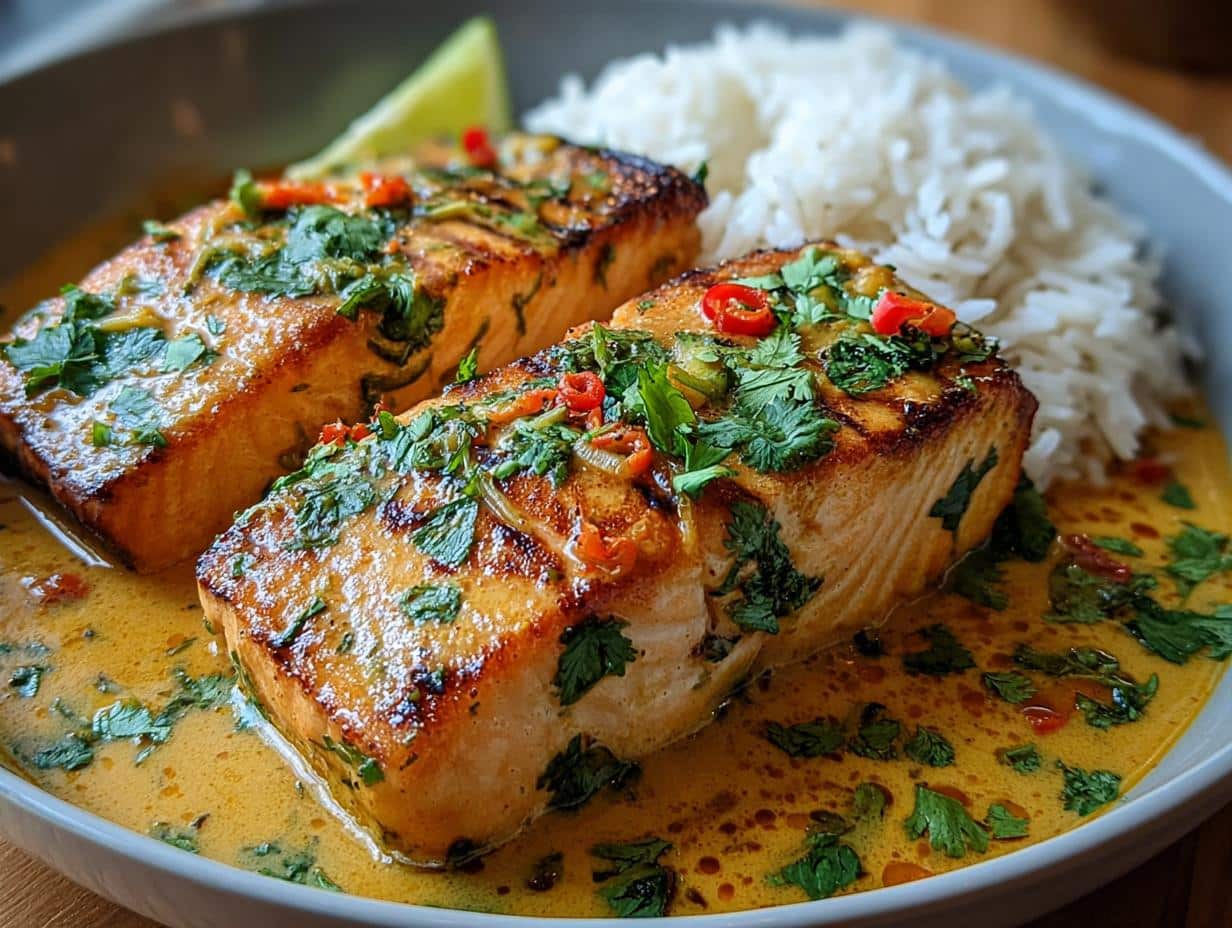 Salmón Curry Coco Estilo: ¡Sabor Increíble en 30 Min! - Salmón con salsa cremosa de coco y curry