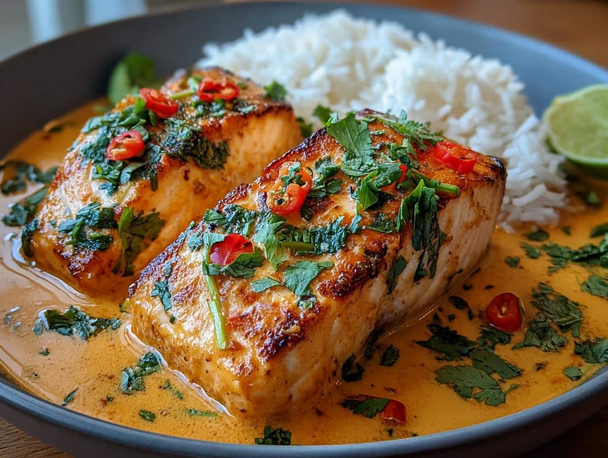 Salmón Curry Coco Estilo: ¡Sabor Increíble en 30 Min! - Plato de salmón al curry servido con arroz