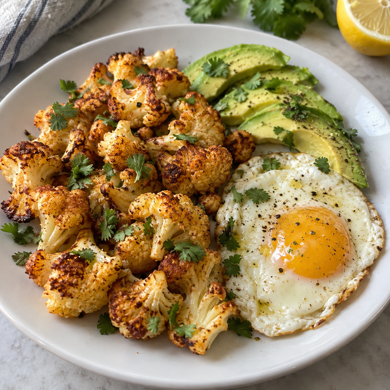 Coliflor asada con huevo y aguacate según los ingredientes de la ficha.