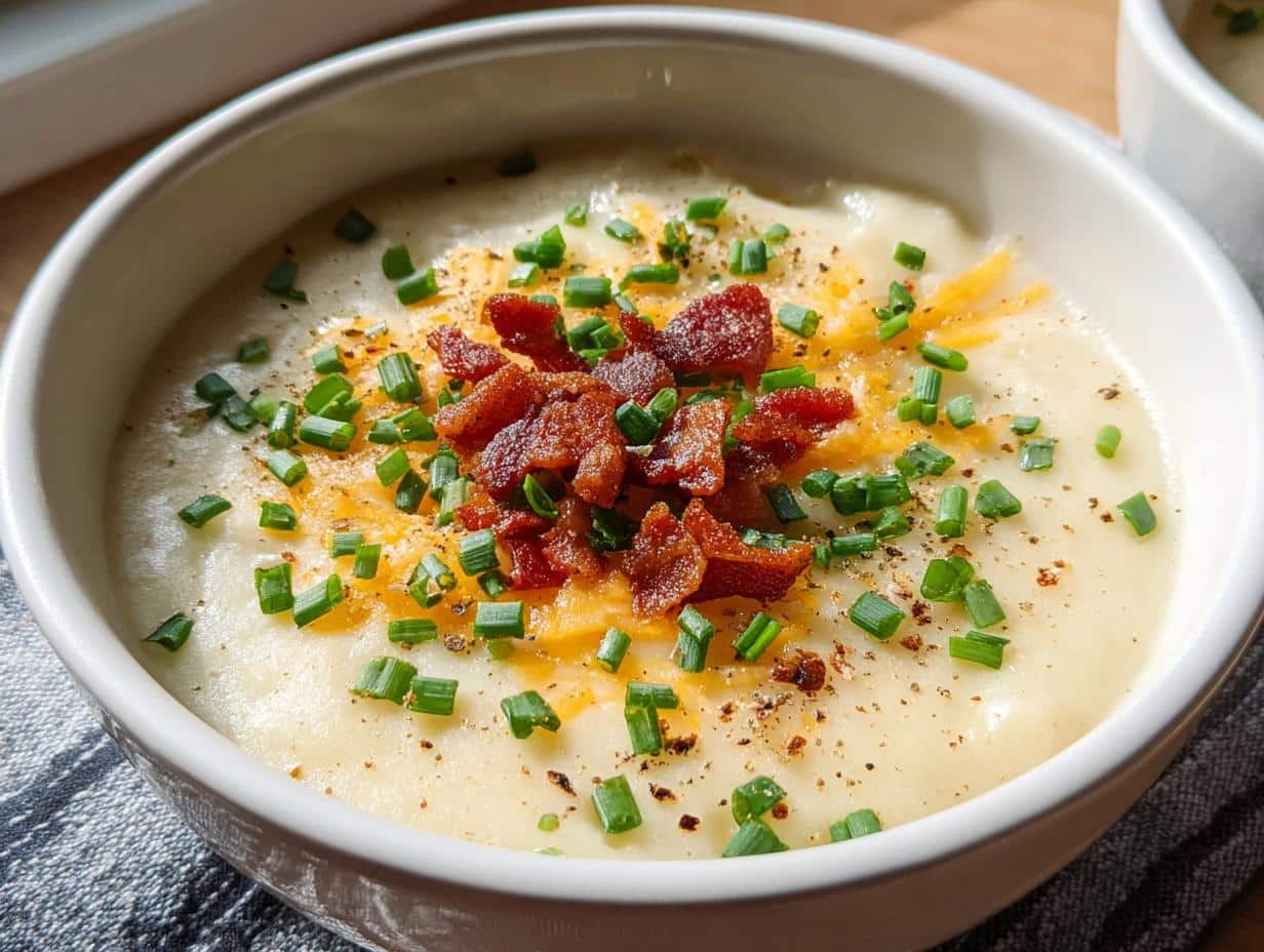 Sopa Patata Cremosa: Amor en cada cucharada - Baked Potato Soup Creamy - serving suggestion with toppings