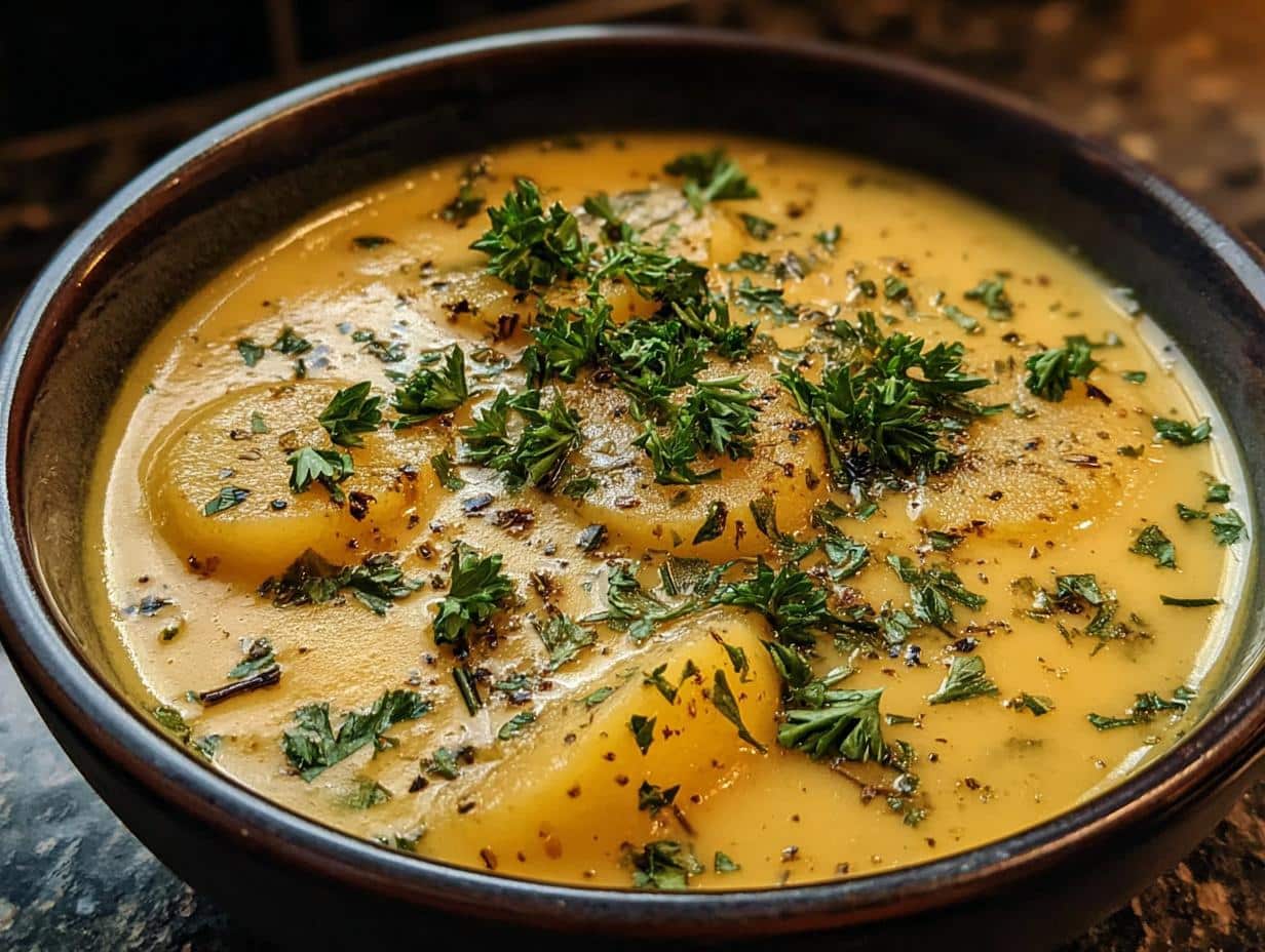 Patata Cheddar Ajo Hierbas: Delicia Fácil - Cheddar Garlic Herb Potato - close-up of creamy soup texture