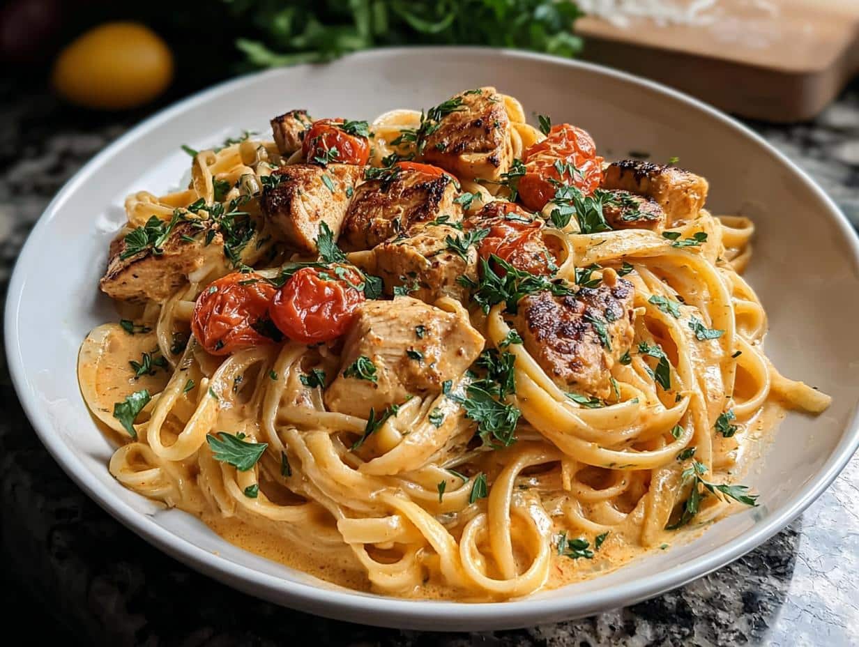 Close-up of creamy Cajun chicken pasta sauce clinging to fettuccine