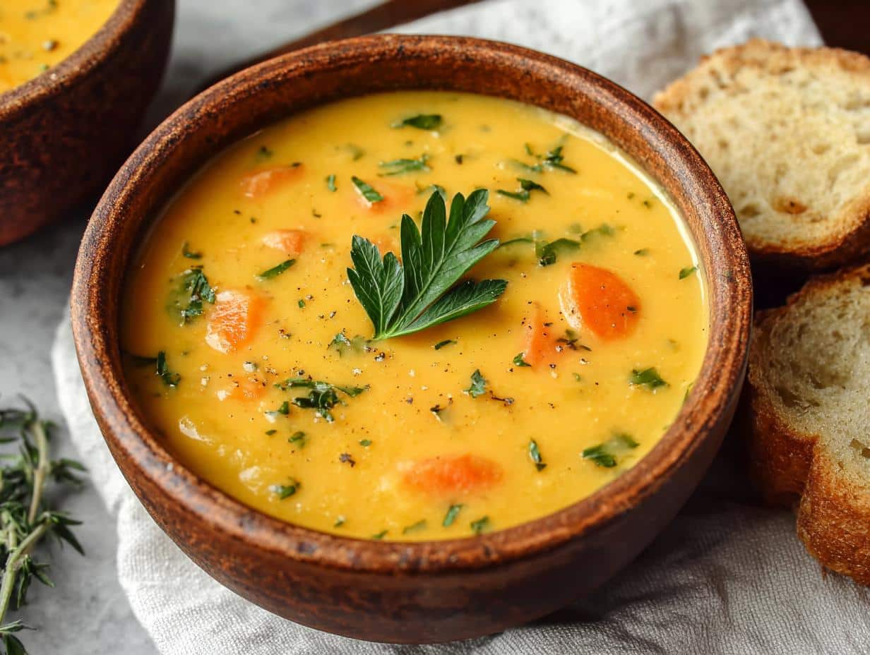 Increíble Sopa Cremosa Zanahoria Papa - Creamy Carrot Potato Soup - serving suggestion with garnish