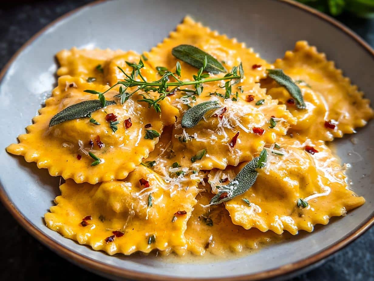 Ravioli Calabaza Otoño: Delicia Cremosa 2025 - Creamy Pumpkin Ravioli Fall - close-up of ravioli in creamy sauce