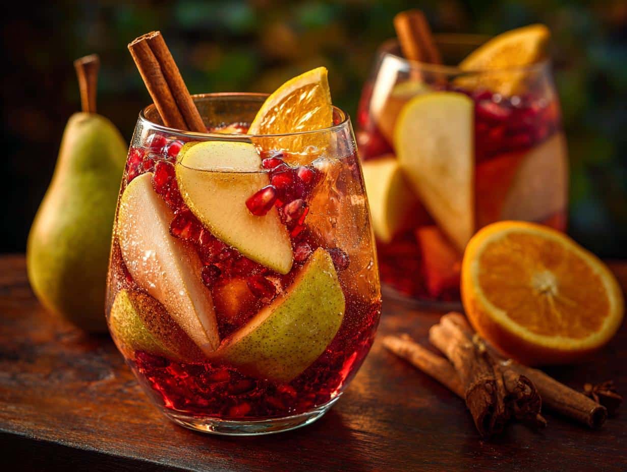 Deliciosa Sangría Otonal Peras: ¡Increíble Sabor! - Copas de sangría servidas con fruta