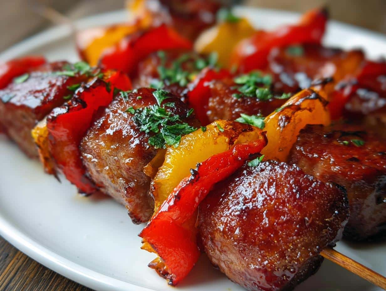 Deliciosas Brochetas Chorizo Pimiento: ¡Un Delicado Sabor! - Primer plano de brochetas de chorizo y pimientos asados