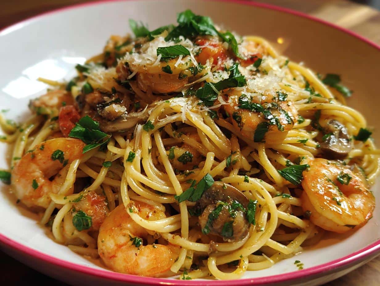 Espaguetis Con Gambas Champinones: ¡Sabor Rápido! 82 Espaguetis Con Gambas Champinones: Plato servido con perejil fresco picado y un toque de limón